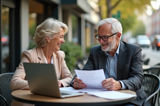 Couple senior souriant discutant de retraite en ville