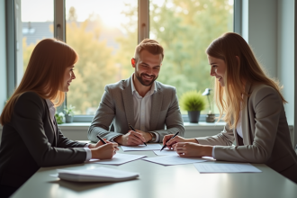 Jeune couple signant un prêt avec un conseiller financier