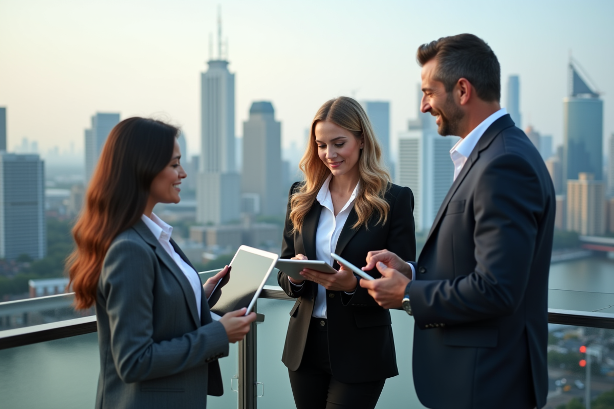 Groupe de professionnels discutant sur un rooftop avec vue urbaine