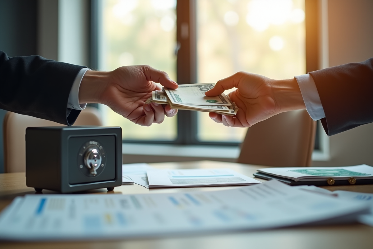 Deux mains échangent des billets devant un coffre et des documents financiers