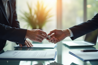 Un professionnel remet des clés et un contrat dans un bureau lumineux