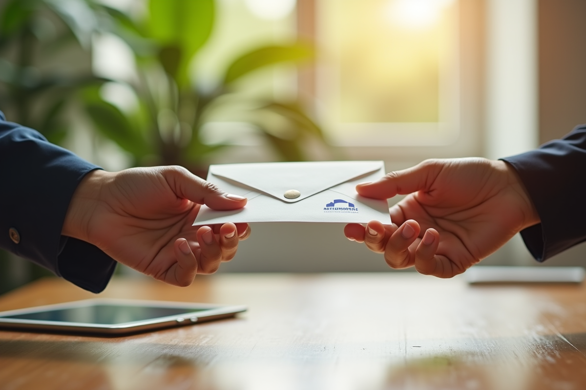 Deux mains échangeant une enveloppe dans un cadre professionnel