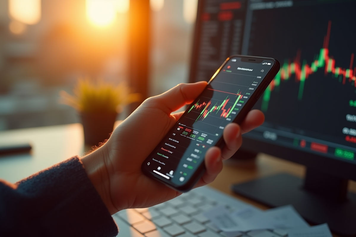 Main tenant un smartphone avec graphique boursier en lumière chaude de fin de journée