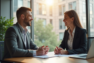 Chef d'entreprise discutant avec un agent d'assurance dans un bureau lumineux
