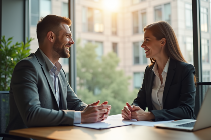 Chef d'entreprise discutant avec un agent d'assurance dans un bureau lumineux