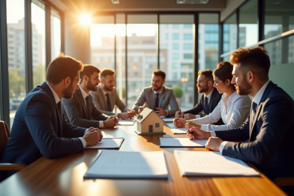 Groupe de professionnels immobiliers discutant autour d'une maquette de maison