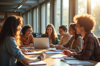 Groupe d'étudiants divers dans une bibliothèque lumineuse discutant avec ordinateurs