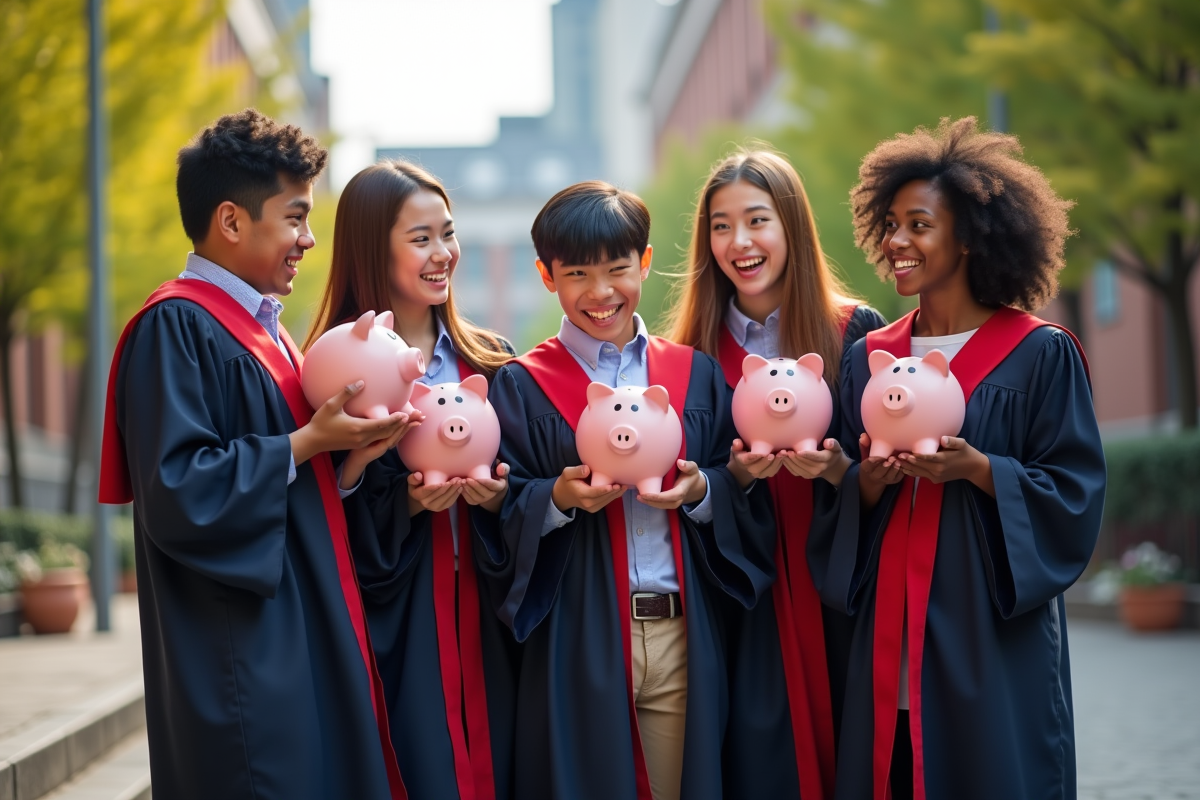 Etudiants en robe de graduation avec tirelires sur les marches
