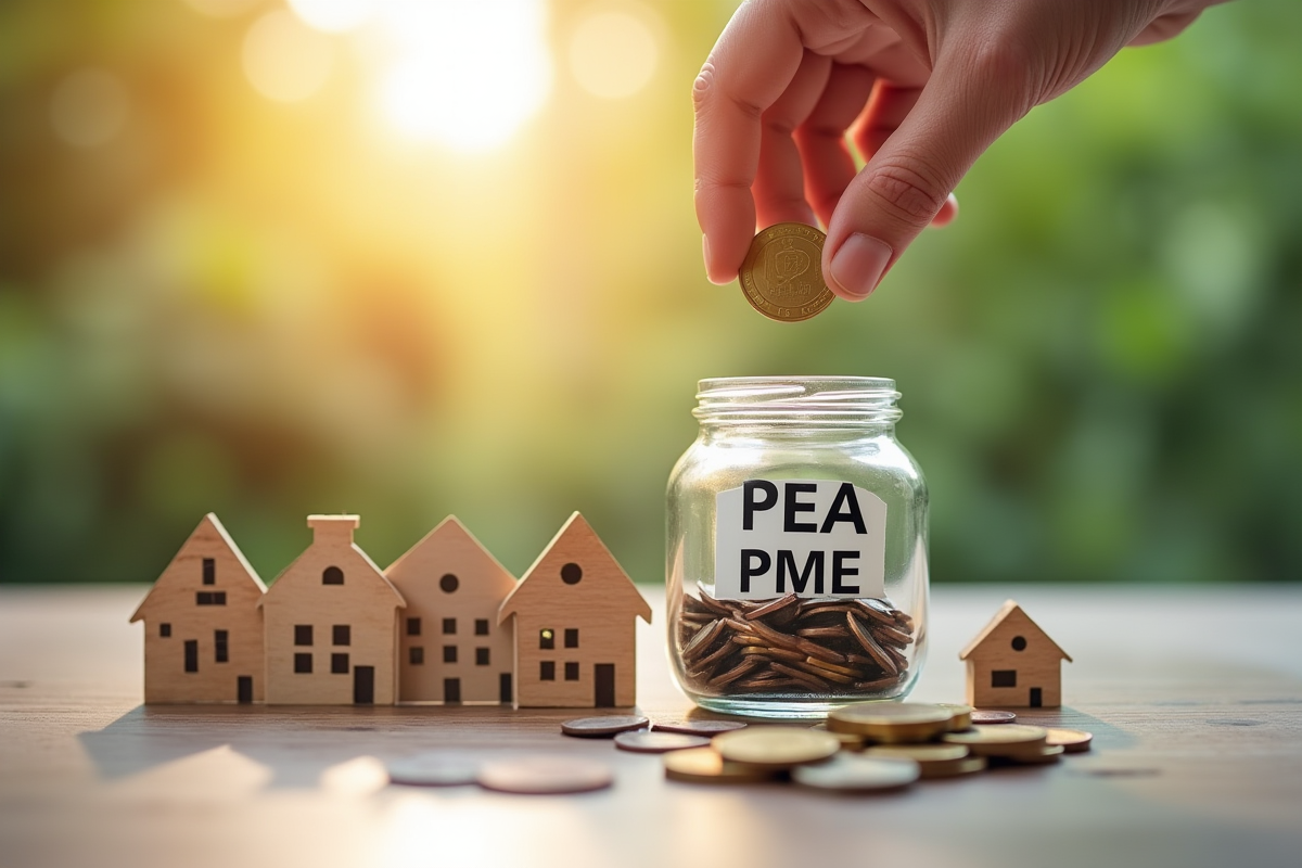 Main plaçant des euros dans un porte-pea PME avec maquettes d