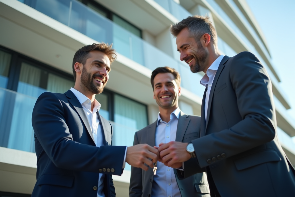 Agent immobilier remettant les clés à des entrepreneurs souriants devant un immeuble