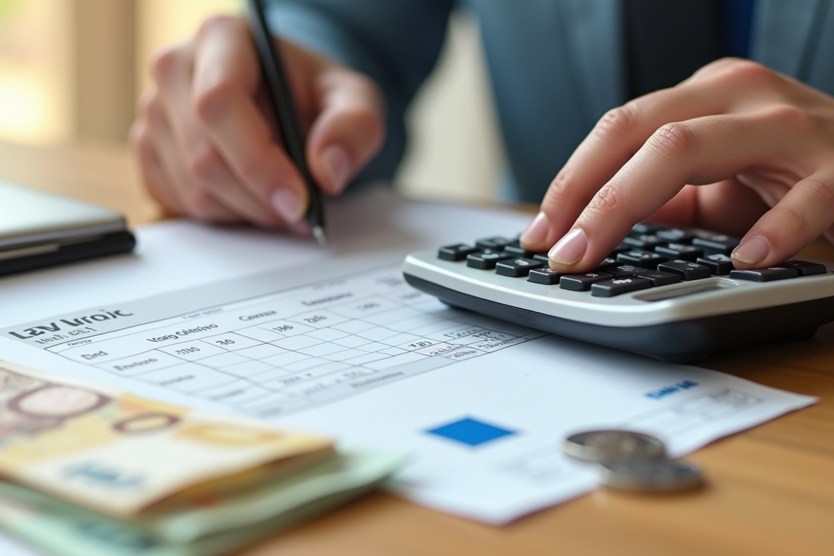 Main tenant une calculatrice examinant des factures de TVA colorées sur un bureau lumineux