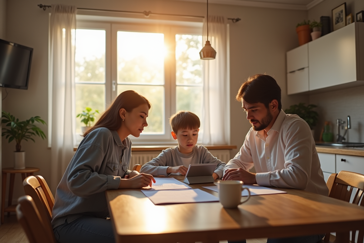 Famille dans une cuisine lisant des lettres officielles avec une tablette