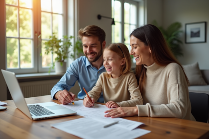 Famille souriante dans un salon moderne examinant des documents d'assurance