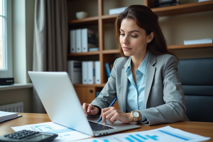 Femme d'affaires &eacute;tudie des graphiques financiers sur son ordinateur