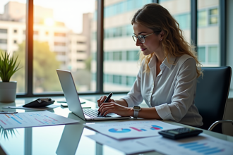 Femme d'affaires analysant des graphiques financiers sur un ordinateur lumineux