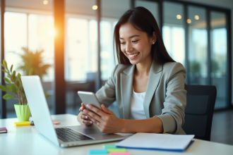 Femme d'affaires souriante au bureau lumineux avec smartphone