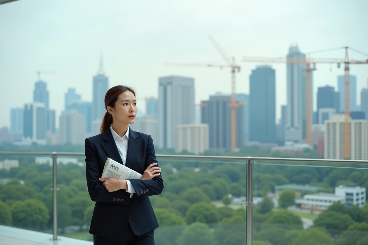 Femme d affaires sur une terrasse avec vue urbaine