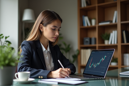 Jeune femme analysant des graphiques de cryptomonnaies dans un bureau moderne