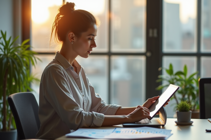 Jeune femme confiante analysant des graphiques financiers sur une tablette