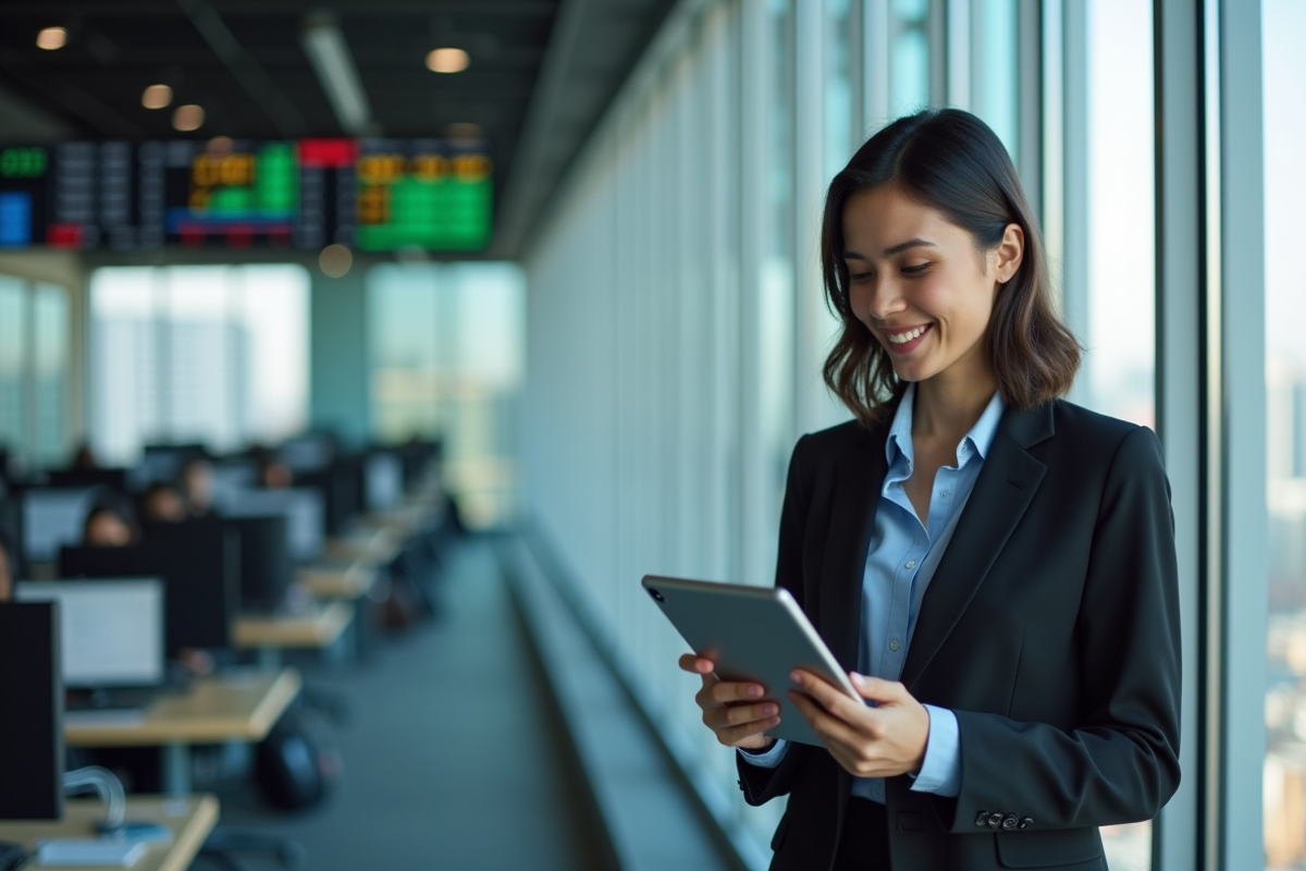Jeune femme souriante vérifiant ses résultats financiers