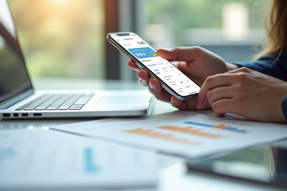 Femme utilisant une application bancaire sur smartphone pour vérifier son compte