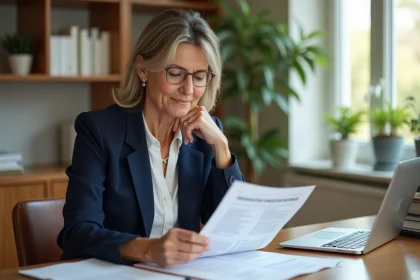 Femme d'&acirc;ge moyen en blazer bleu dans un bureau moderne