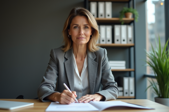 Femme d'âge moyen au bureau remplissant des formulaires