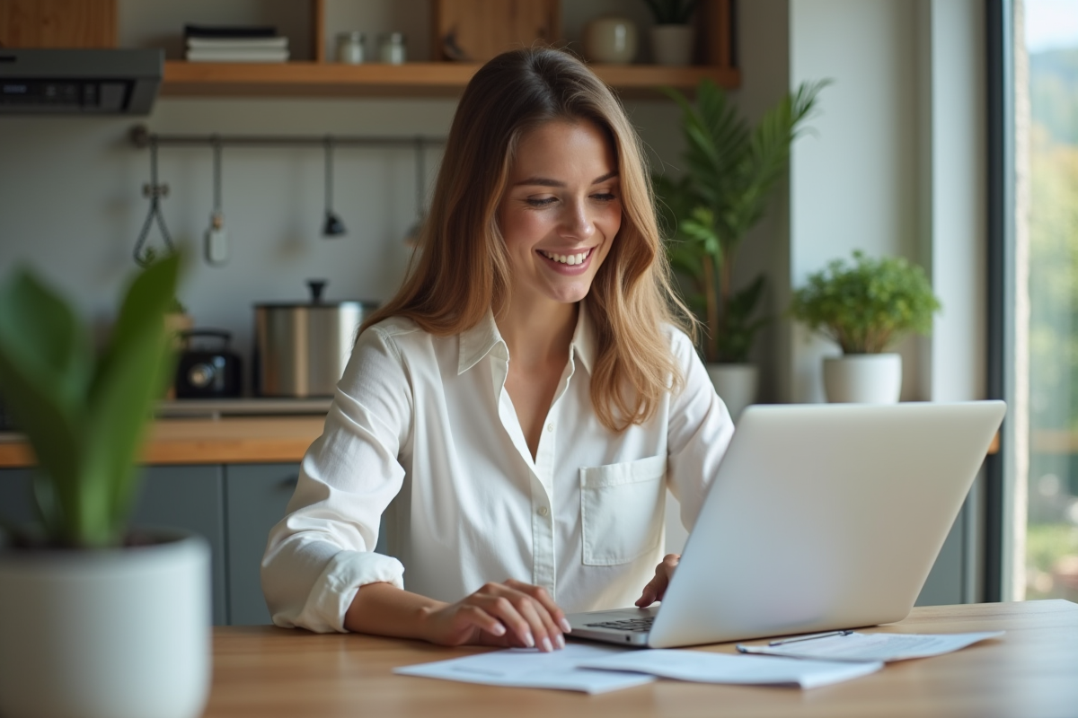 Femme au bureau à la maison utilisant un ordinateur portable