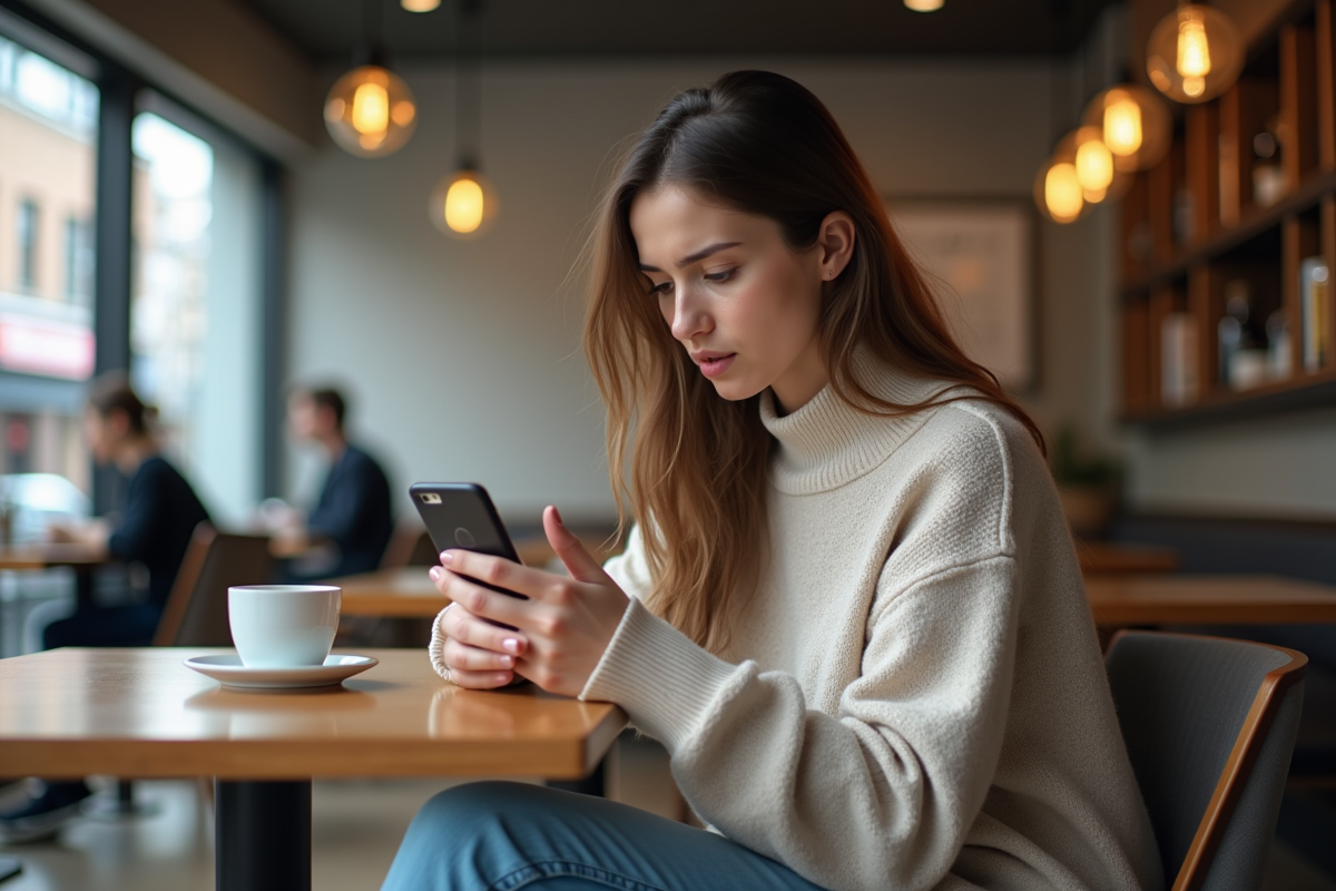 Jeune femme concentrée utilisant son smartphone en café