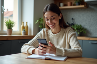 Femme décontractée souriante dans sa cuisine moderne