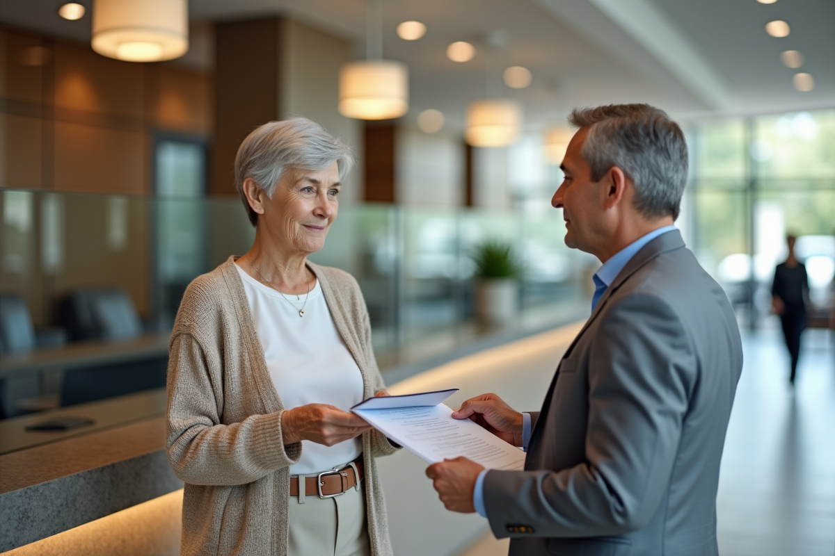 Femme senior parlant avec un conseiller bancaire au guichet