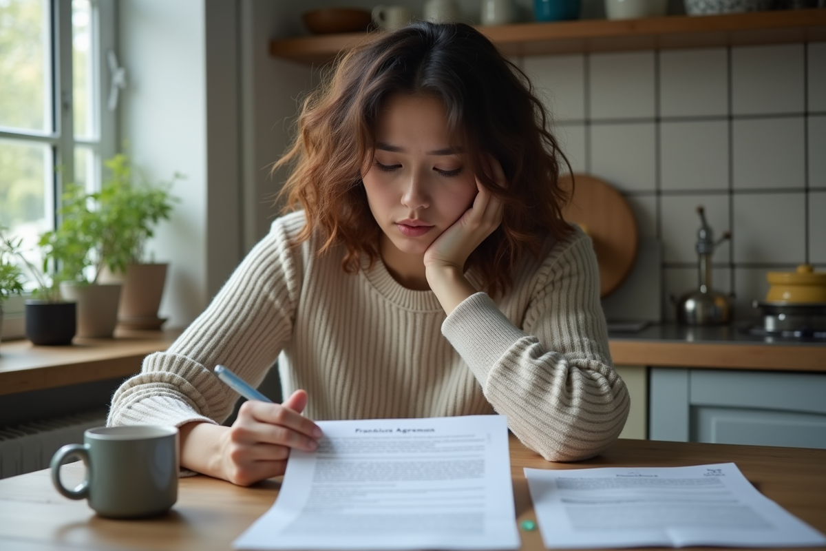 Jeune femme examine une facture dans sa cuisine