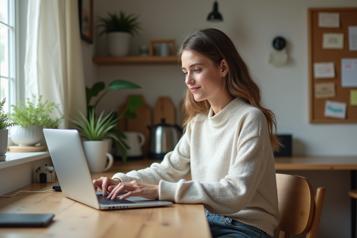 Jeune femme concentrée sur son ordinateur dans la cuisine