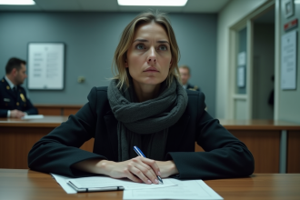 Femme inquiète remplissant un dossier dans un commissariat