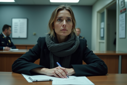 Femme inquiète remplissant un dossier dans un commissariat