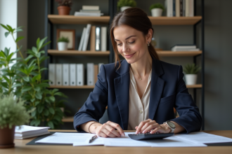 Femme d'affaires en bureau étudiant des documents de prêt immobilier