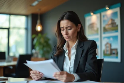 Femme inqui&egrave;te au bureau bancaire en tenue professionnelle