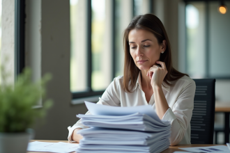 Femme mature lisant des documents financiers dans un bureau