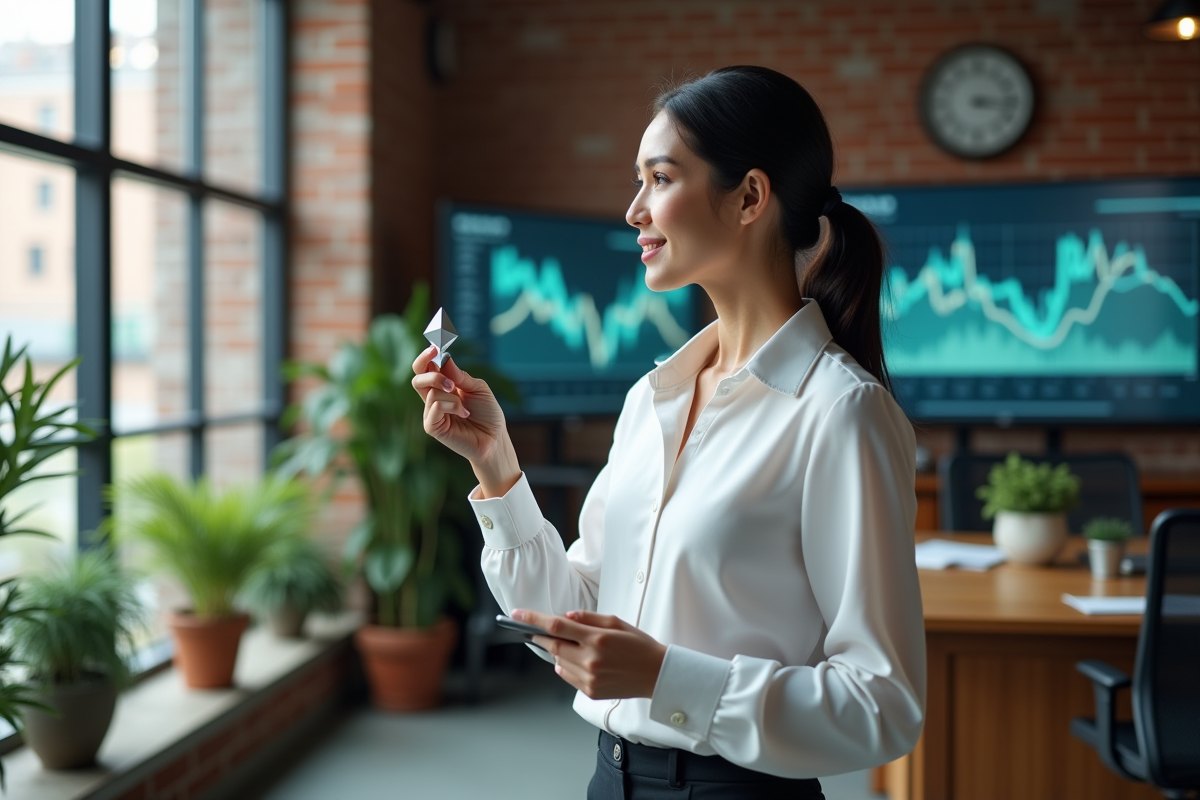 Femme dans un bureau industriel tenant une replica Ethereum