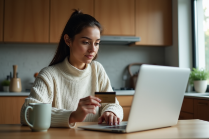 Femme en business casual utilisant son ordinateur et sa carte