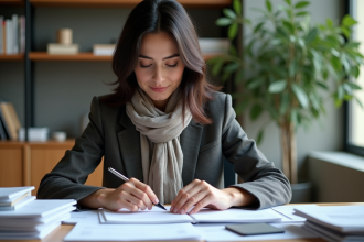 Femme en bureau moderne organise des papiers