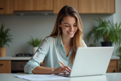 Femme concentrée remplissant un formulaire dans sa cuisine