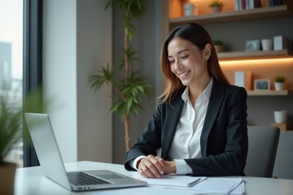 Jeune femme en réunion vidéo dans un bureau moderne