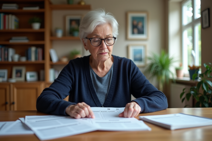 Femme d'&acirc;ge moyen examinant des documents de retraite et ALD