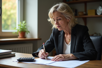 Femme d'âge moyen examine des papiers de retraite à son bureau