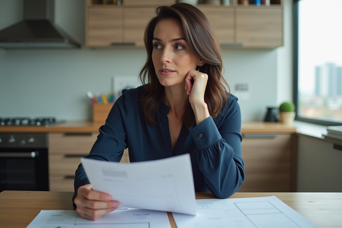 Femme concentrée lisant des documents dans sa cuisine