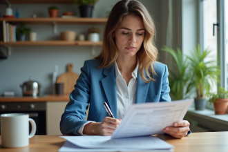 Jeune femme en blazer bleu examine des brochures d'investissement