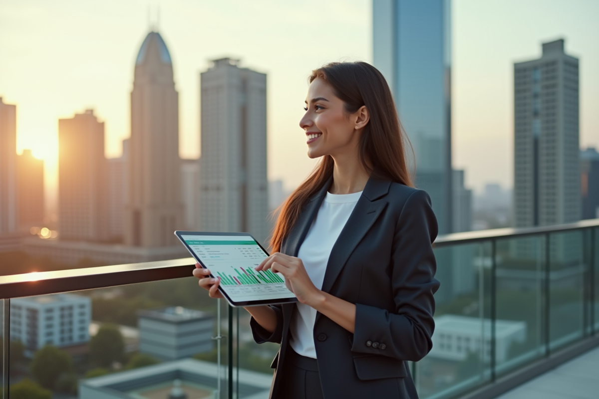 Jeune femme souriante avec tablette sur un toit urbain