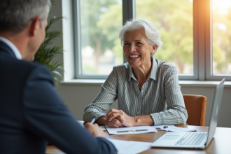 Femme senior souriante rencontrant un conseiller financier