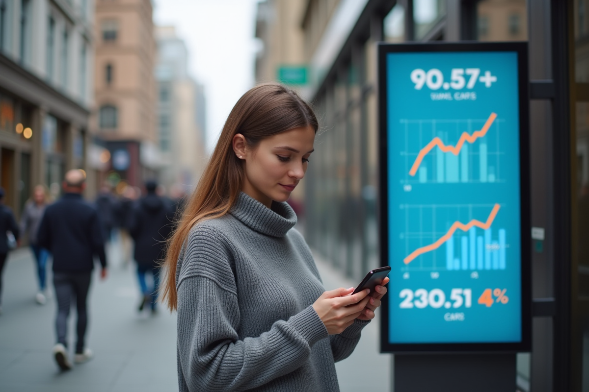 Femme regardant son smartphone avec affichage de cryptomonnaie